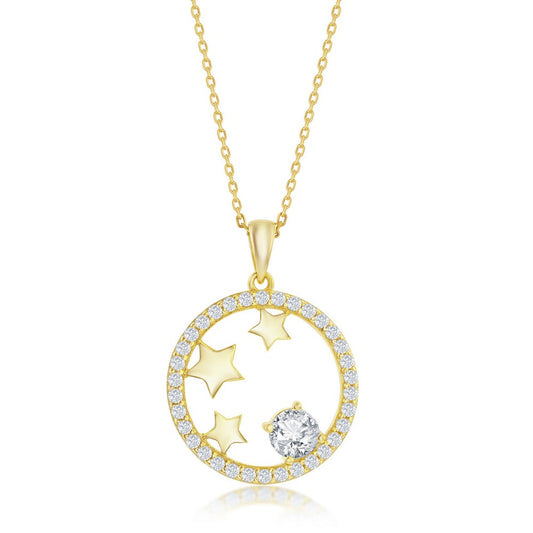 Sterling Silver Stars CZ Circle Pendant - Gold Plated