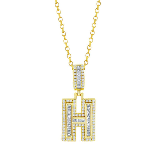Sterling Silver 'H' Baguette CZ Initial Pendant W/ Chain - Gold Plated