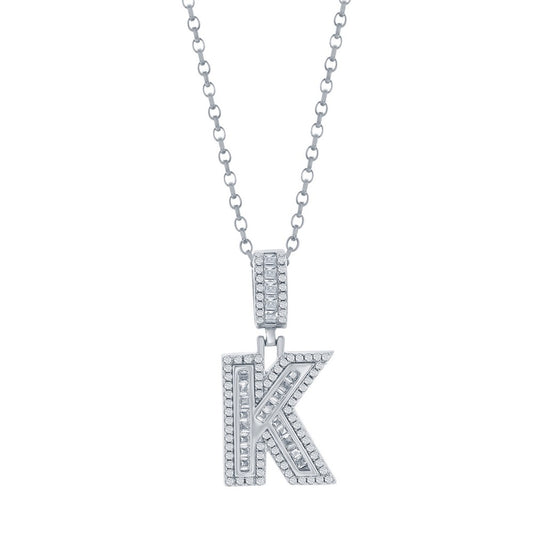 Sterling Silver 'K' Baguette CZ Initial Pendant W/ Chain