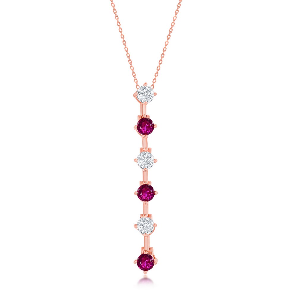Sterling Silver Round White & Ruby CZ Long Pendant - Rose Gold Plated