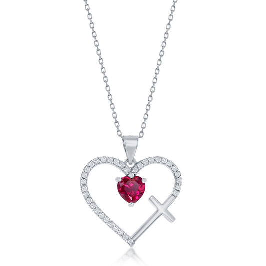 Sterling Silver CZ Cross & Heart Pendant - Ruby CZ