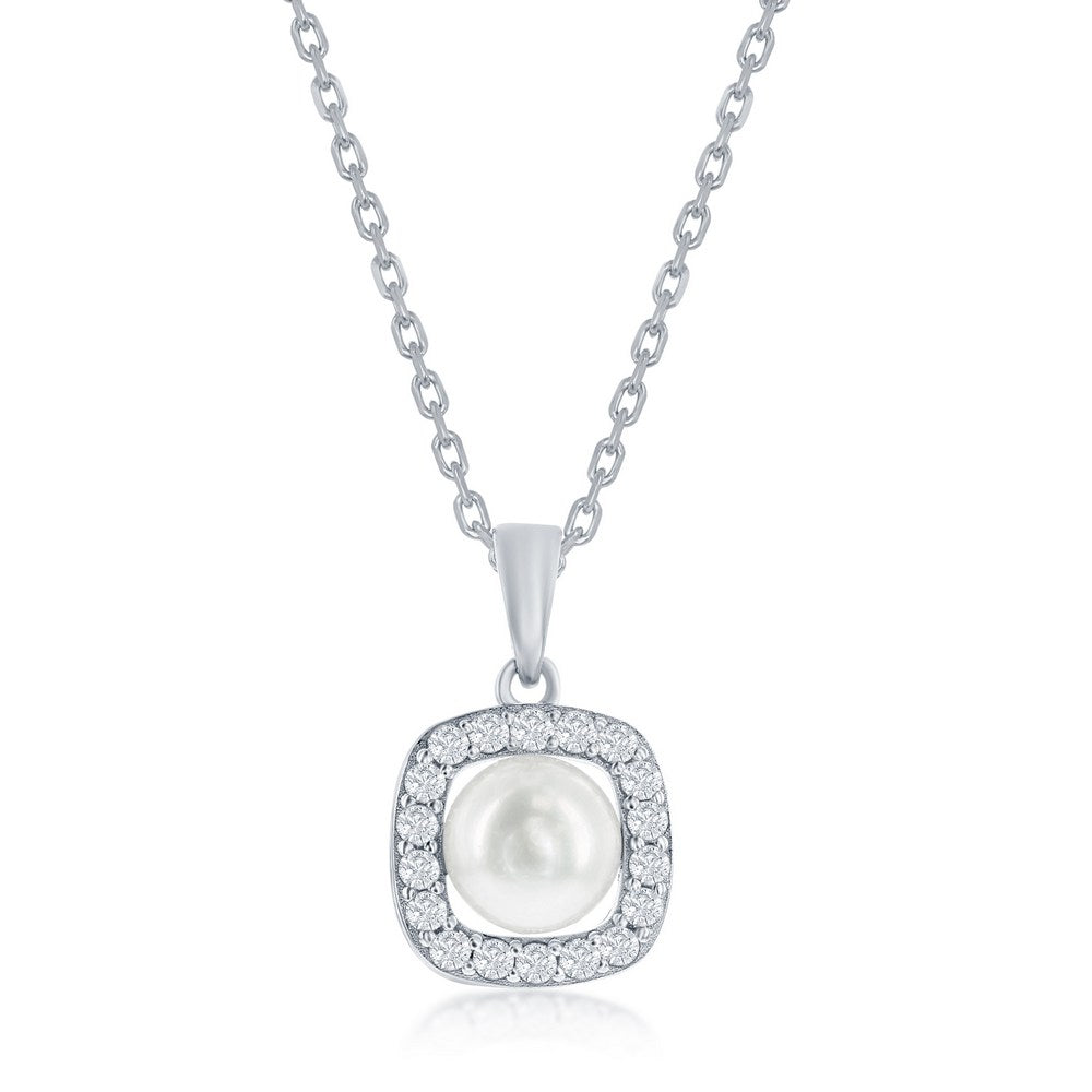 Sterling Silver Round Pearl, CZ Border Pendant