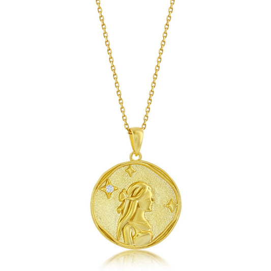 Sterling Silver 'VIRGO' CZ Circle Zodiac Pendant w/Chain - Gold Plated