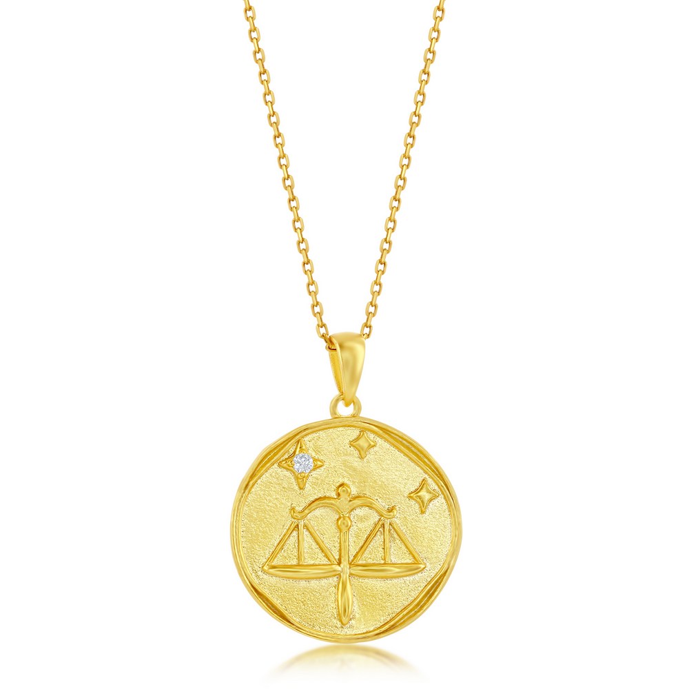 Sterling Silver 'LIBRA' CZ Zodiac Circle Pendant w/Chain - Gold Plated