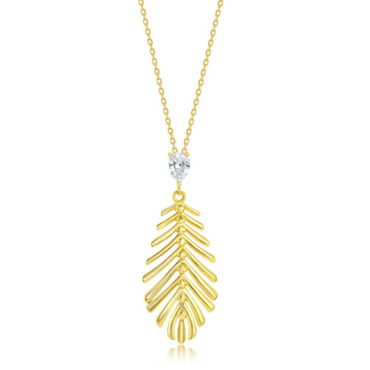 Sterling Silver Cut-Out Leaf w/ Small Pear-Shaped CZ Pendant - Gold Plated