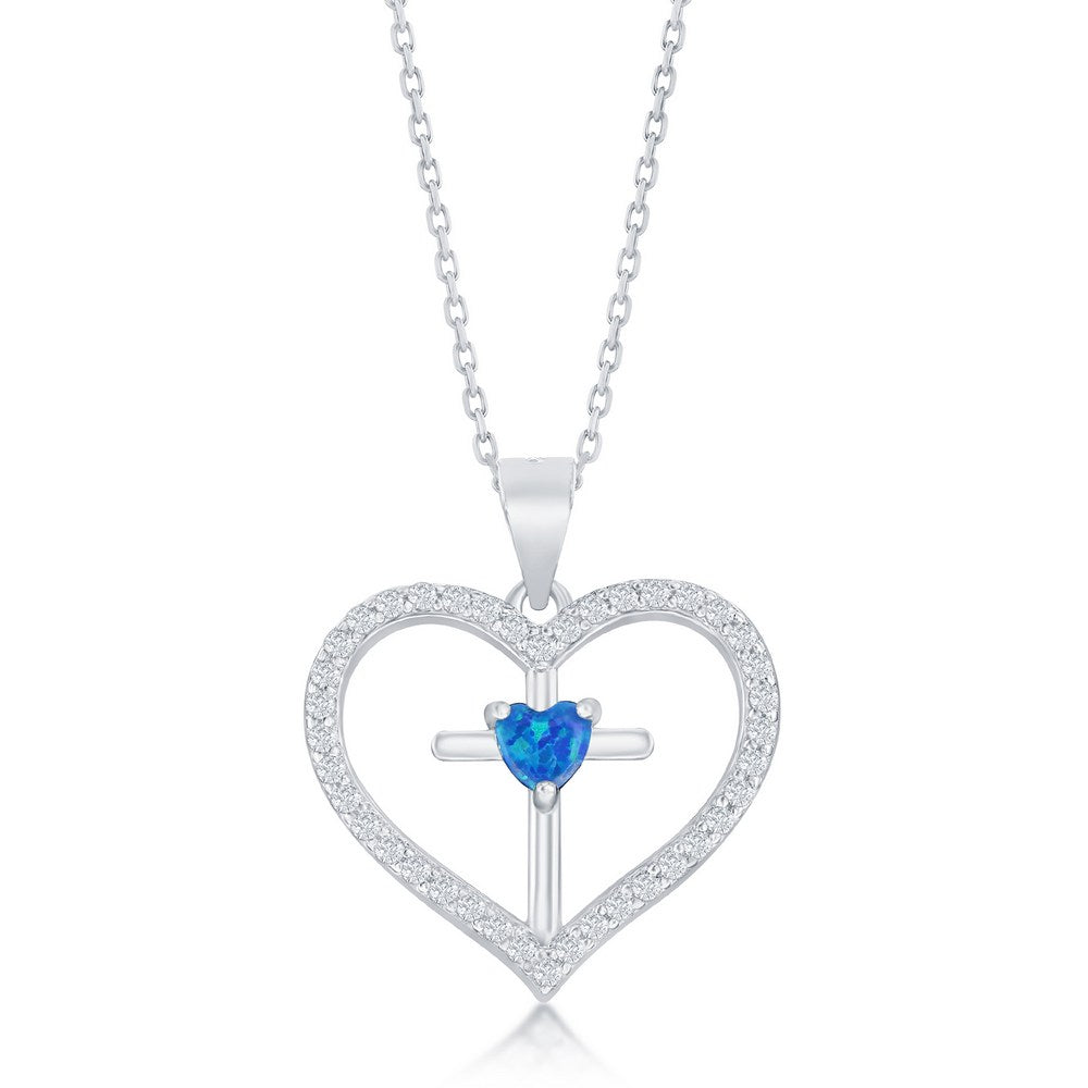 Sterling Silver CZ Cross Heart Pendant - Blue Opal