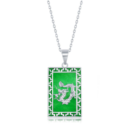 Sterling Silver Rectangle w/Dragon Design Jade Pendant