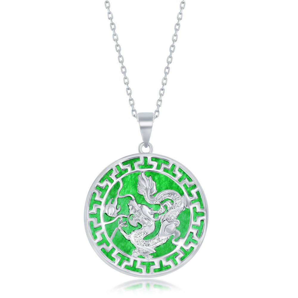 Sterling Silver Round w/ Dragon Design Jade Pendant