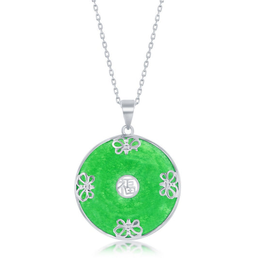 Sterling Silver Round w/Small Butterfly 'Good Luck' Jade Pendant