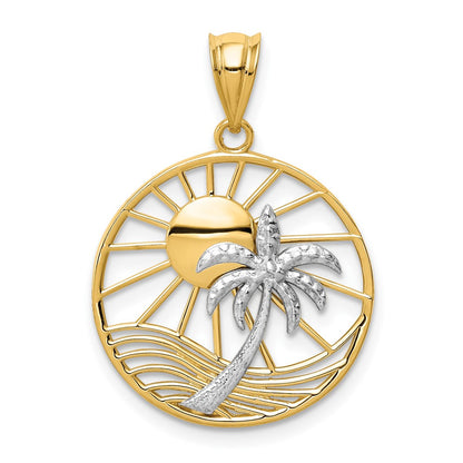 14K Two Tone Sun and Palm Tree Pendant