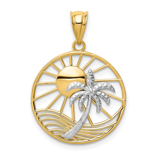 14K Two Tone Sun and Palm Tree Pendant