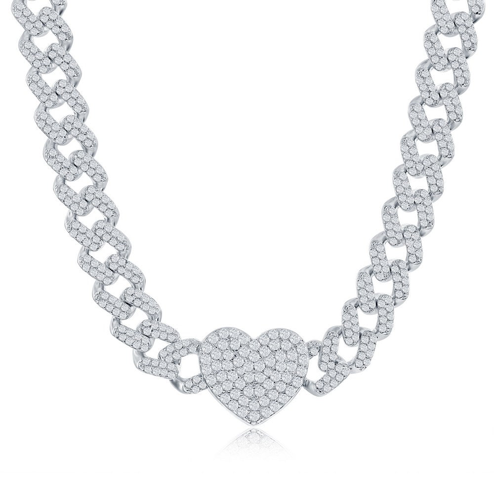 Sterling Silver Micro Pave CZ Cuban Chain Heart Necklace