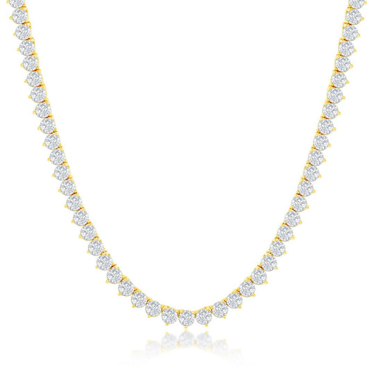 Sterling Silver 3-Prong Round 5MM CZ Tennis Necklace - Gold Plated