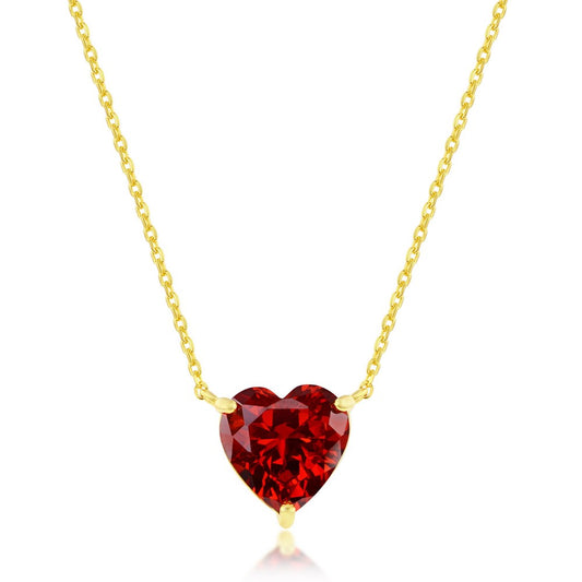 Sterling Silver 11mm Burgundy Heart CZ Necklace - Gold Plated