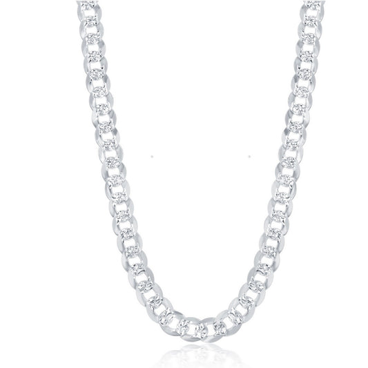 Sterling Silver 7.3mm Flat Pave Cuban Chain - Rhodium Plated