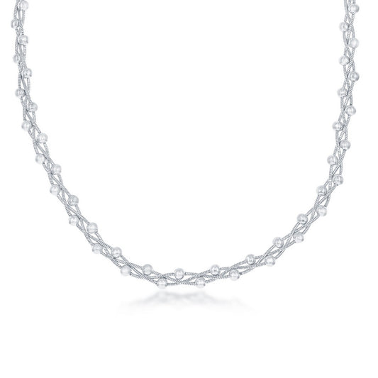 Sterling Silver Braided Chain, Snake with Beads - Rhodium Plated