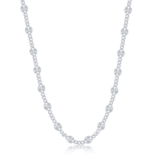 Sterling Silver Alternating Curb and Diamond-Cut Disc Chain - Rhodium Plated
