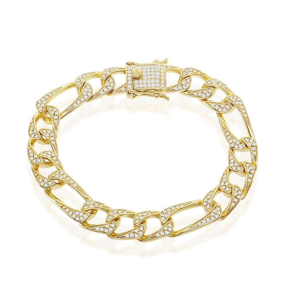 Sterling Silver 10MM CZ Figaro Bracelet - Gold Plated