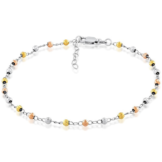 Sterling Silver Diamond Cut Bead Anklet - Tri Color