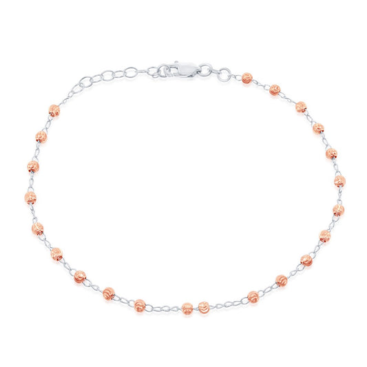 Sterling Silver Diamond Cut Bead Anklet - Rose Gold Plated