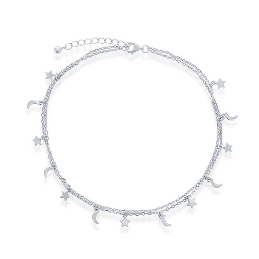 Sterling Silver Moon and Star Double Strand Anklet