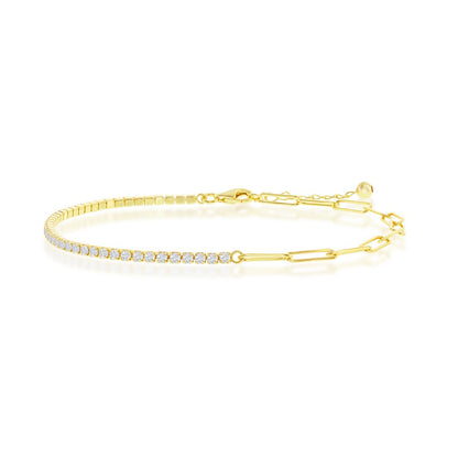 Sterling Silver 2mm Half Tennis & 3.5mm Paperclip Anklet - Gold Plated