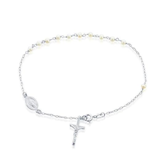 Sterling Silver Freshwater Pearl Beaded Anklet w/ Cross