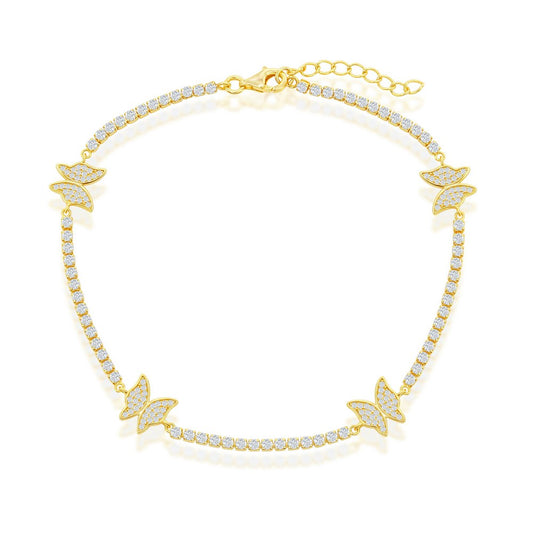 Sterling Silver Butterfly CZ Tennis Anklet - Gold Plated