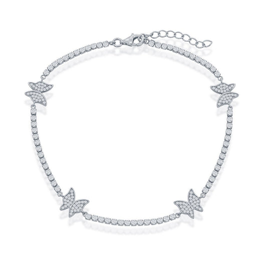 Sterling Silver Butterfly CZ Tennis Anklet