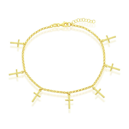 Sterling Silver Cross Charms Rolo Chain Anklet - Gold Plated