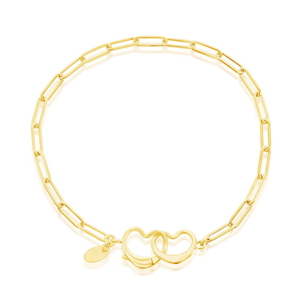 Sterling Silver Paperclip, Heart Clasp Bracelet - Gold Plated
