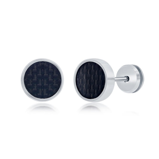 Stainless Steel 10mm Black Carbon Fiber Stud Earrings