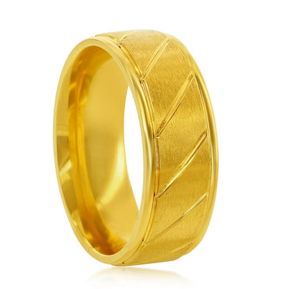 Stainless Steel Brushed and Polished Gold Diagnal Stripe Ring