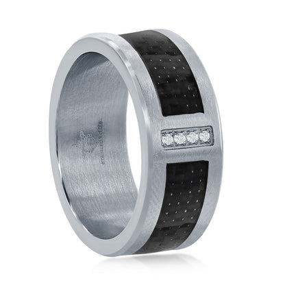 Stainless Steel Black Carbon Fiber CZ Ring