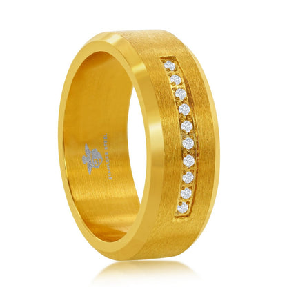 Stainless Steel CZ Stripe Ring - Gold Plated
