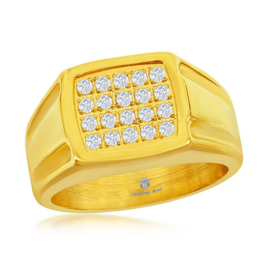 Stainless Steel CZ Square Ring - Gold Plated