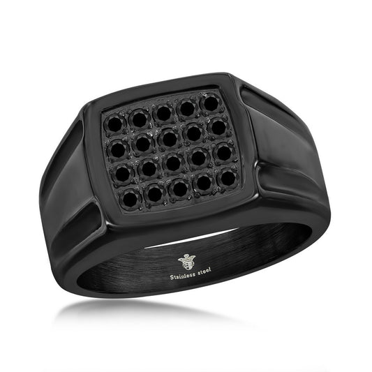 Stainless Steel Black CZ Square Ring - Black Plated