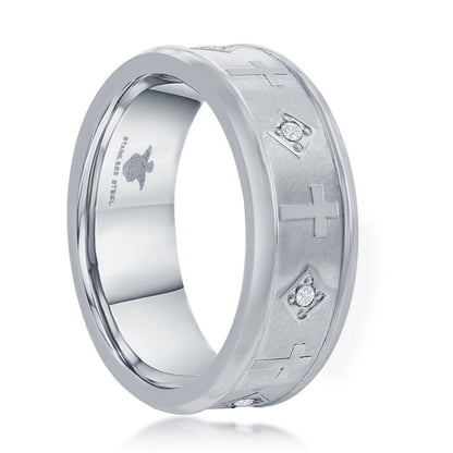 Stainless Steel Brushed & Polished CZ Cross Ring