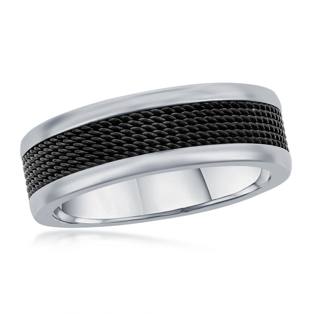 Stainless Steel Black Mesh Inlay Polished Band Ring