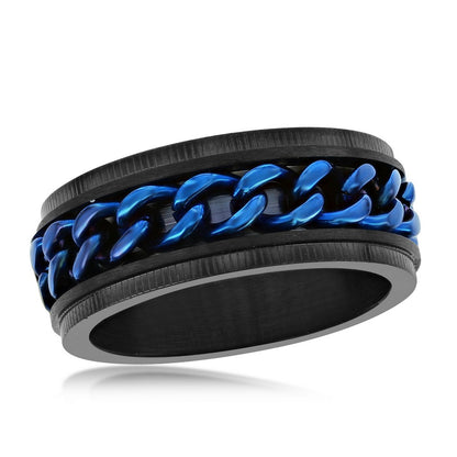 Stainless Steel Black w/ Blue Cuban Link Ring