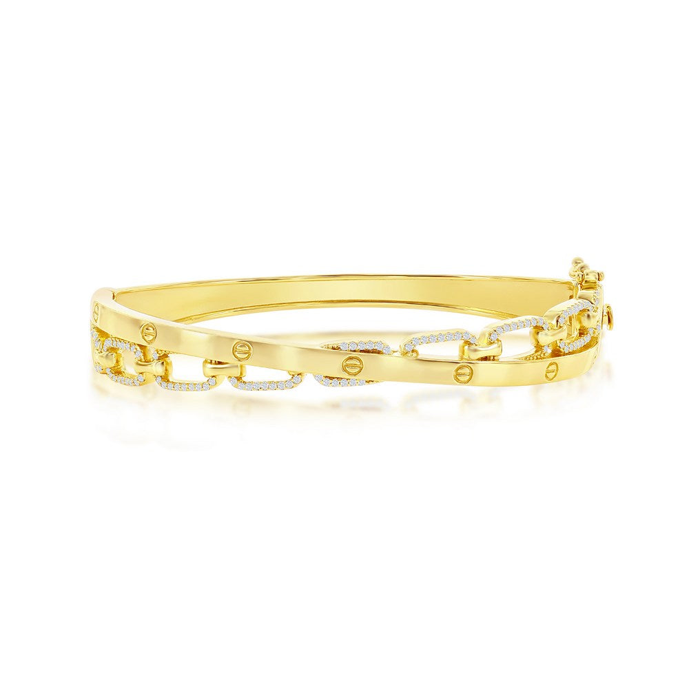 Sterling Silver Overlapping Polished & Recatangle CZ Bangle - Gold Plated