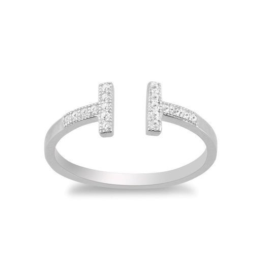 Sterling Silver CZ Double T Ring