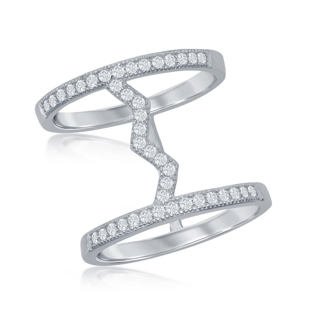 Sterling Silver Wide Open Double Row with Center Heartbeat CZ Ring