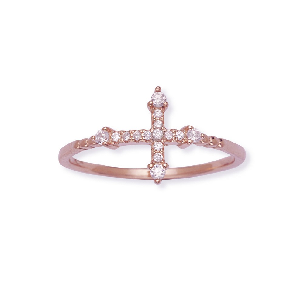 Sterling Silver CZ Cross Ring - Rose Gold Plated