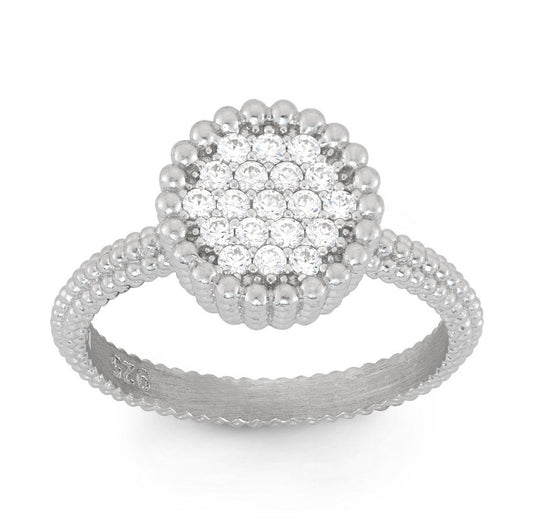 Sterling Silver Small Round CZ with Beaded Border Ring