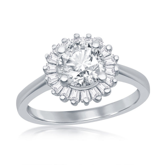 Sterling Silver Round CZ with Baguette Border Ring