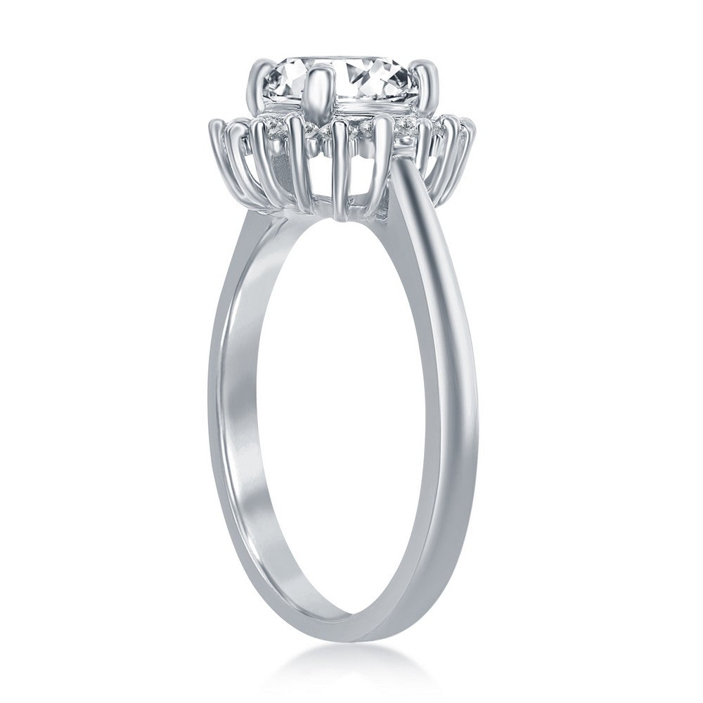 Sterling Silver Round CZ with Baguette Border Ring