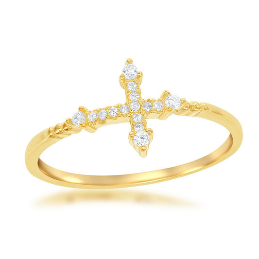 Sterling Silver CZ Cross Ring - Gold Plated