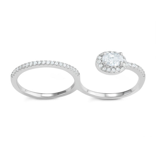 Sterling Silver CZ Band and Open Oval CZ Double Finger Ring