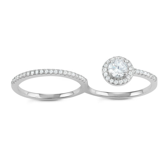 Sterling Silver CZ Band and Open Round CZ Double Finger Ring